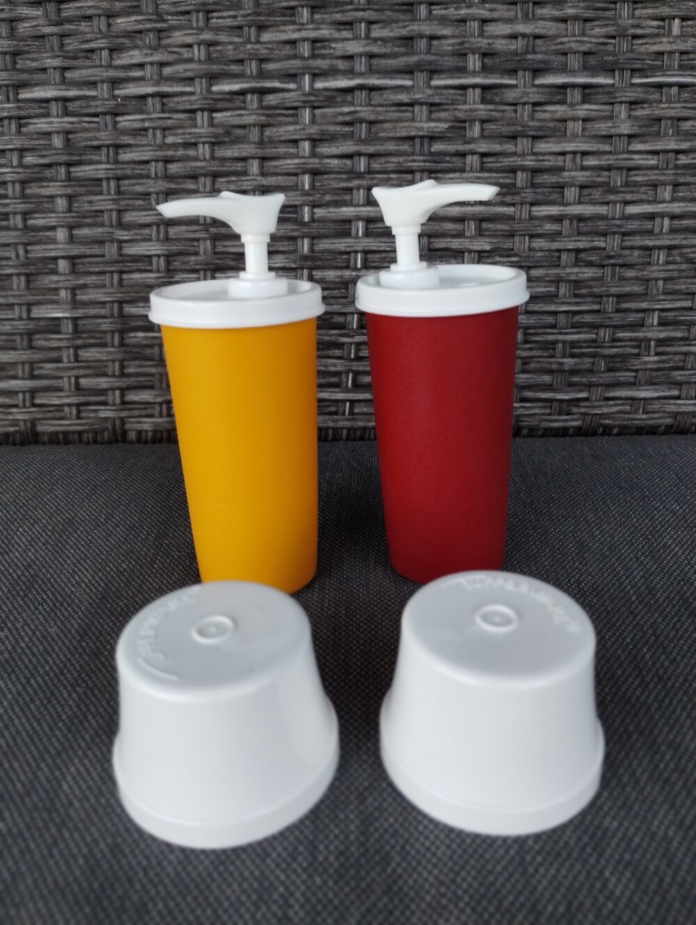 Vintage Tupperware Ketchup Mustard Pump Dispensers Red Yellow Cups Set